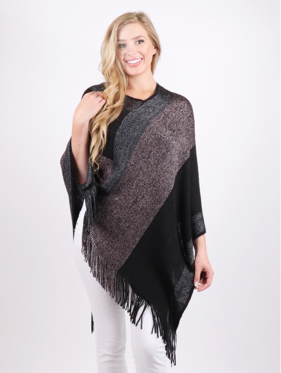 Speckled Striped Poncho W/Fringes